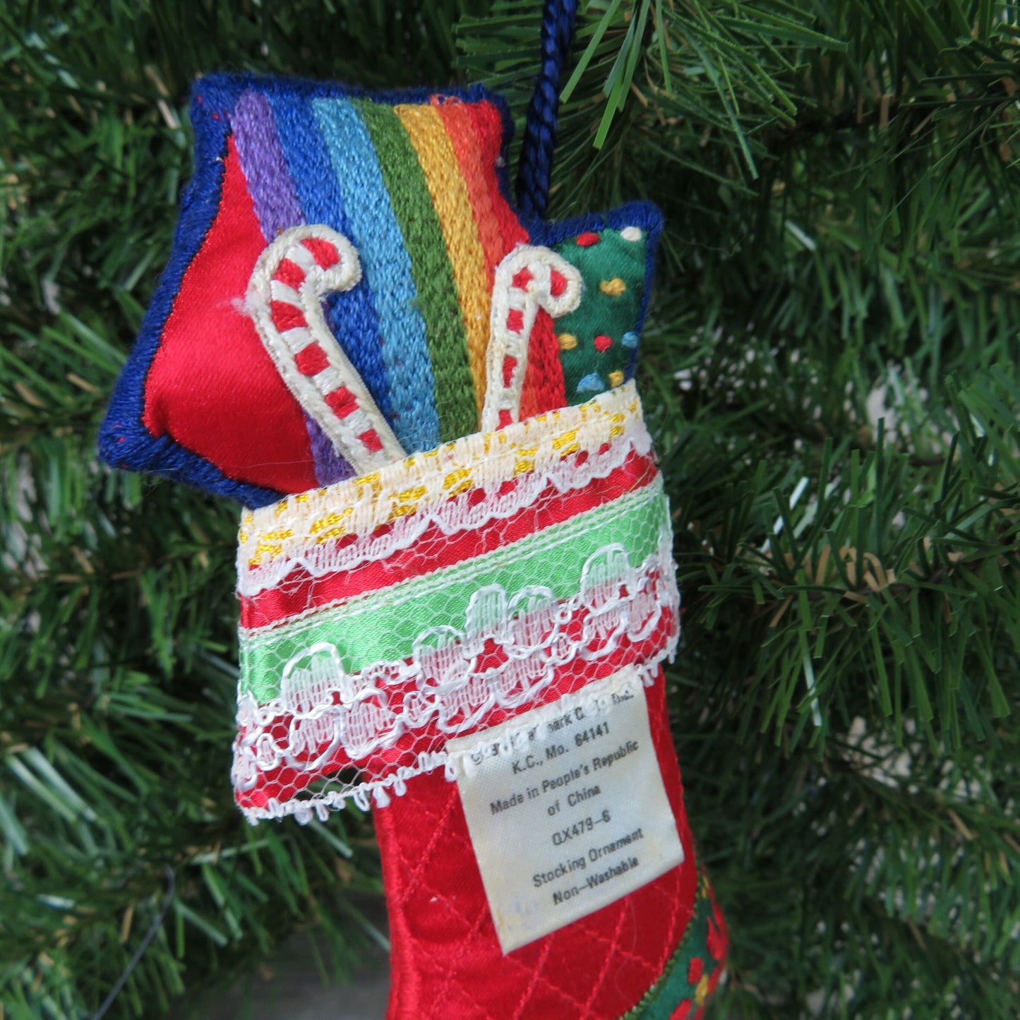 Teddy Bear Soft Stocking Ornament Plush Fabric Needlepoint Hallmark Christmas 1983