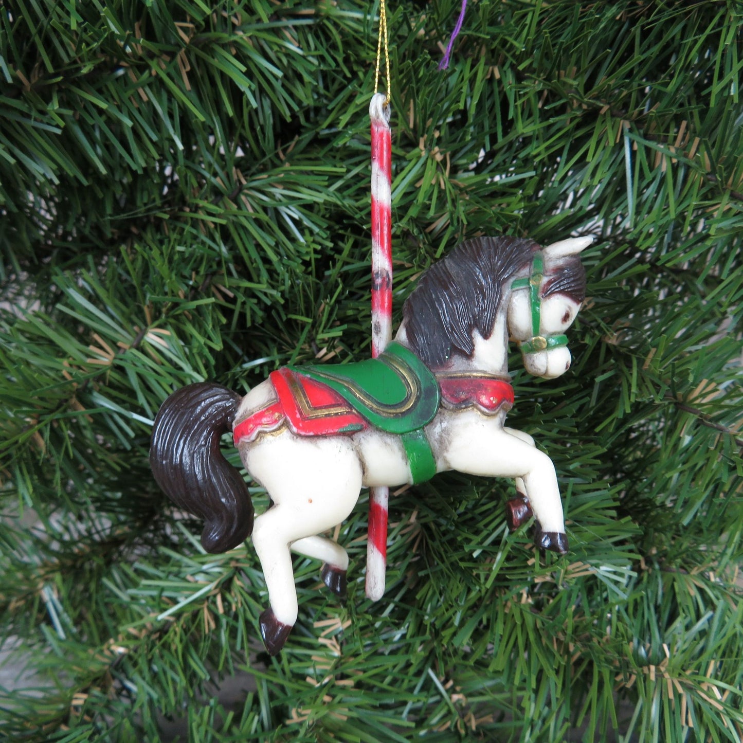 White Carousel Horse Pony Ornament Black Mane Plastic Christmas