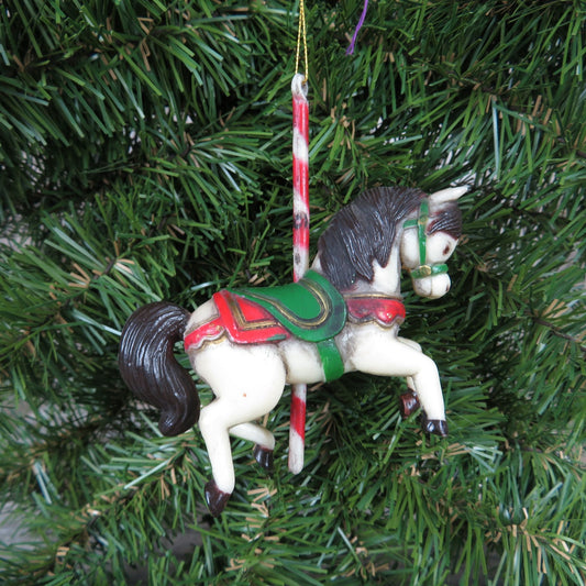 White Carousel Horse Pony Ornament Black Mane Plastic Christmas - At Grandma's Table