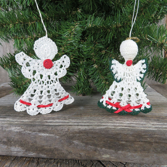 Angel Christmas Ornament Set Crochet Doily Red White Handmade Lace