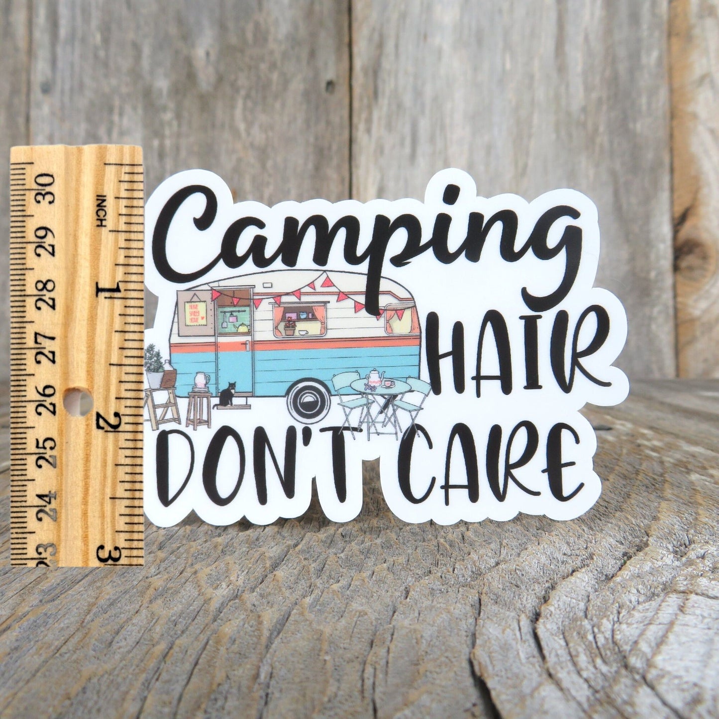 Camping Hair Don't Care Sticker Waterproof Travel Trailer Sticker Messy Bun Mountains Woods Outdoors Retro Colors