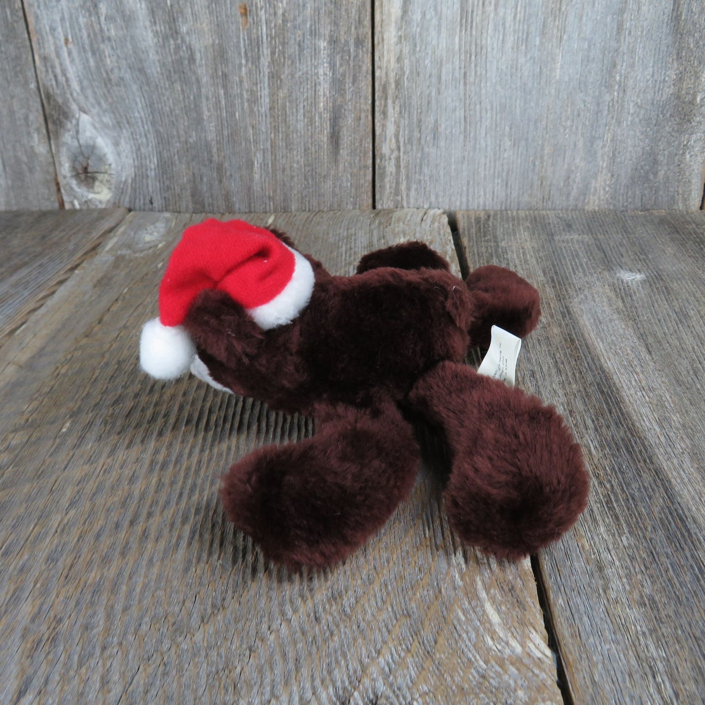 Vintage Floppy Bear Plush Chestnut Brown Santa Hat Gibson Greetings 1986 Laying Christmas