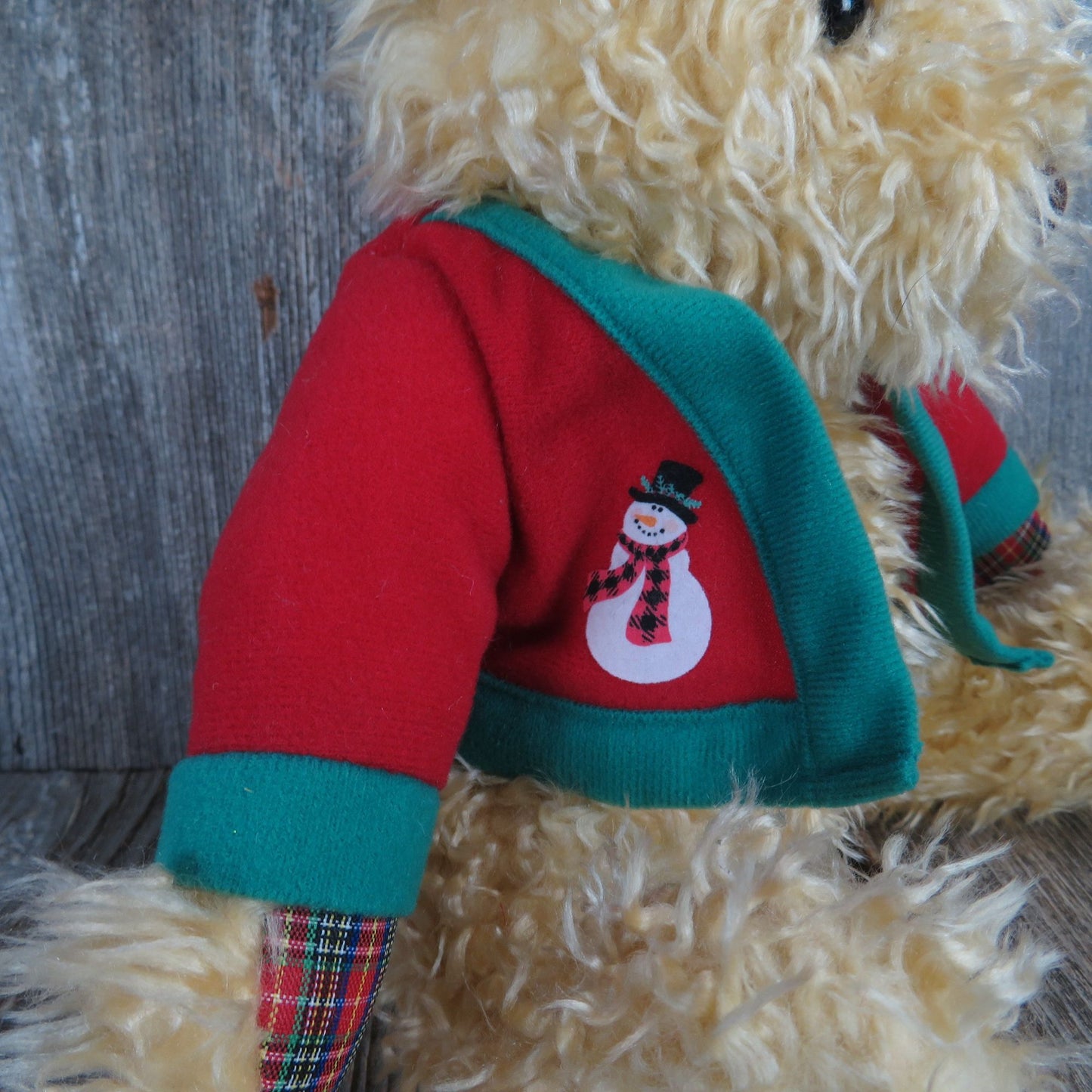 Vintage Teddy Bear Plush Red Sweater Hallmark Plaid Bow Curly Hair Stuffed Animal Christmas Holiday