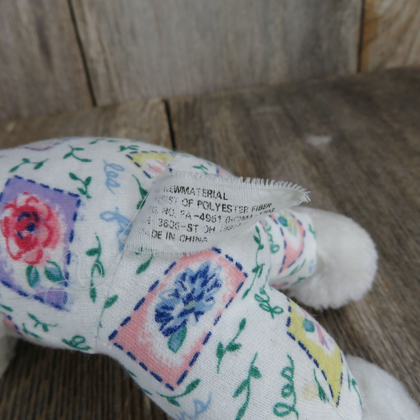 Vintage Mini Bear Plush White with Floral Fabric Body Blue Pink Flowers Stuffed Animal