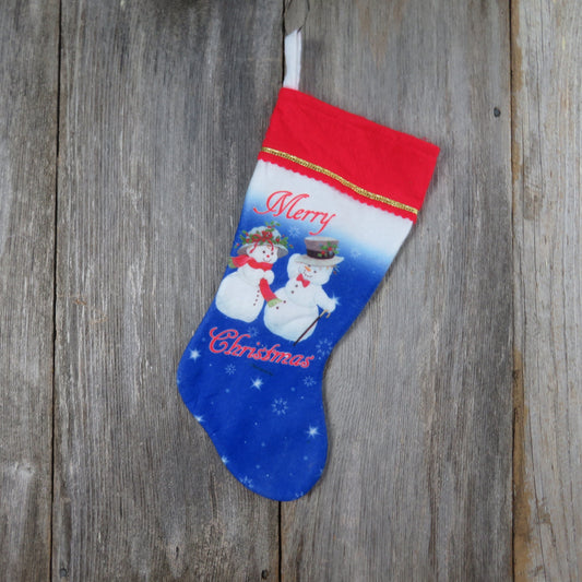 Vintage Blue Snowman Couple Morehead Christmas Stocking Mr Mrs Felt Fuzzy White Fleece Holiday Decor