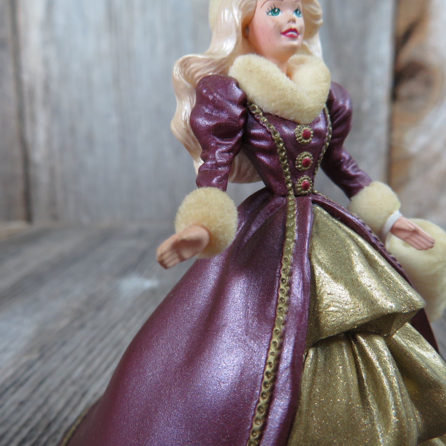 Vintage Holiday Barbie Ornament Hallmark Blonde Maroon Gold Dress 1996