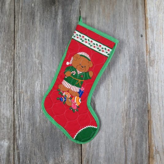Vintage Teddy Bear Boy Christmas Stocking Quilted Handmade Fabric Red Green Cloth
