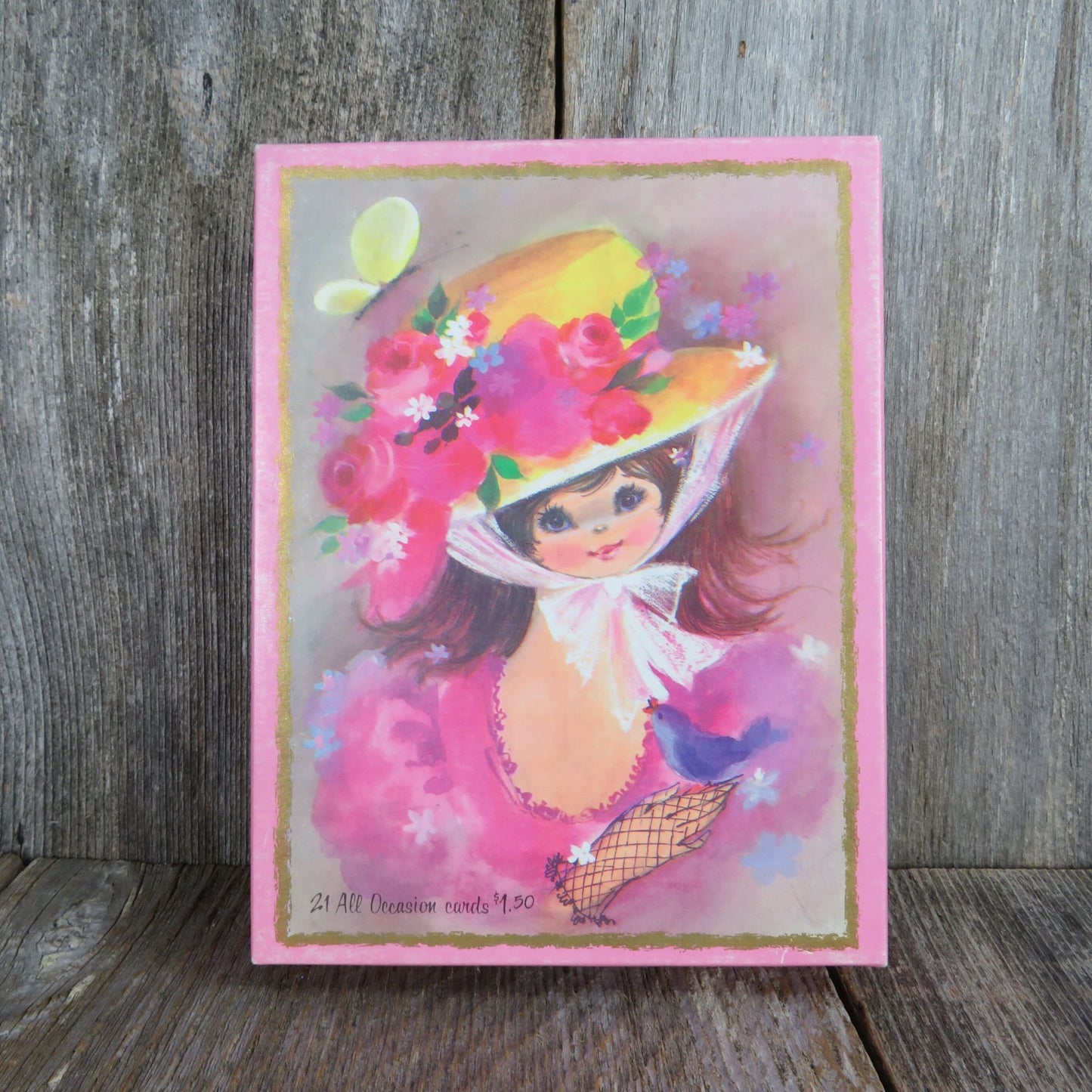 Vintage Caprice Greeting Card Box Girl Flowered Hat Pink Blue Coronation Collection Note Cardboard