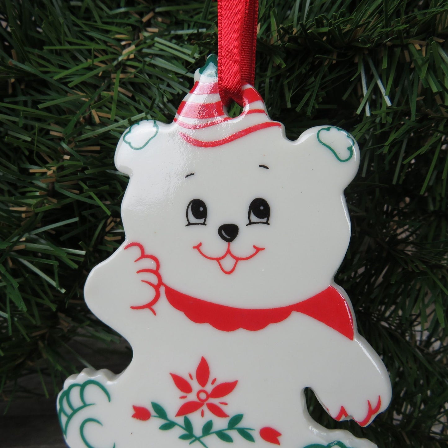 Porcelain Bear Ornament Flat Red Green With Painted Teddy Russ Christmas Ceramic