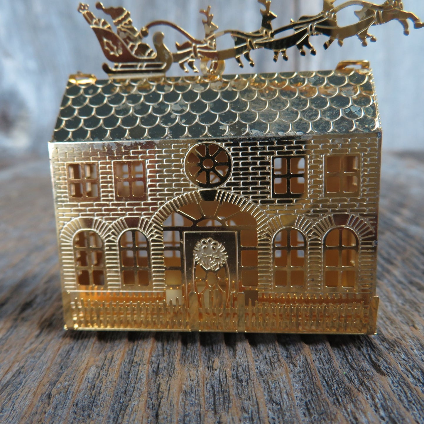 Vintage Christmas Eve Visit Brass House Ornament Santa Sleigh Reindeer Hallmark Light Cover 1985 Brass Gold