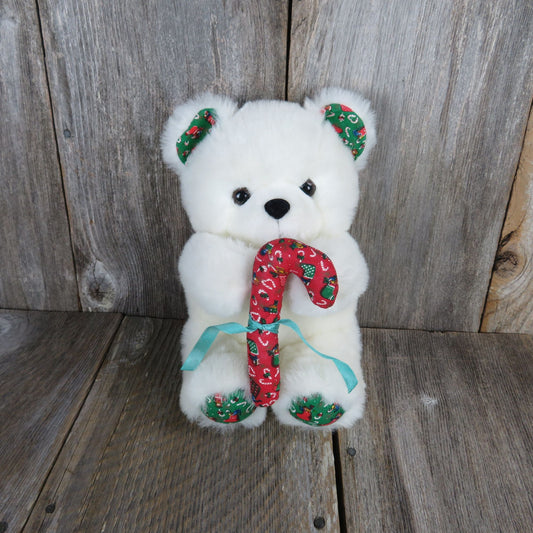 Vintage White Teddy Bear Plush Fiesta Holiday Candy Cane Fabric Ears Stuffed Animal