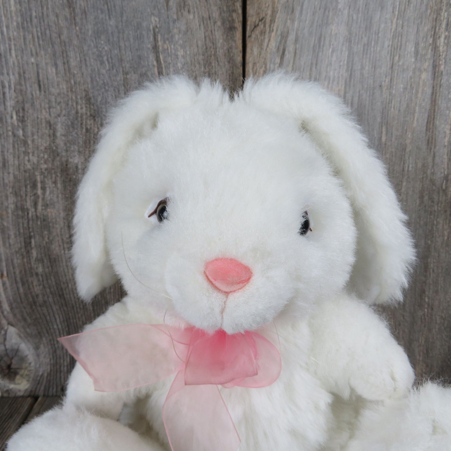 Vintage Bunny Plush White Rabbit Ribbon Pink Flocked Nose Easter Hare Stuffed Animal