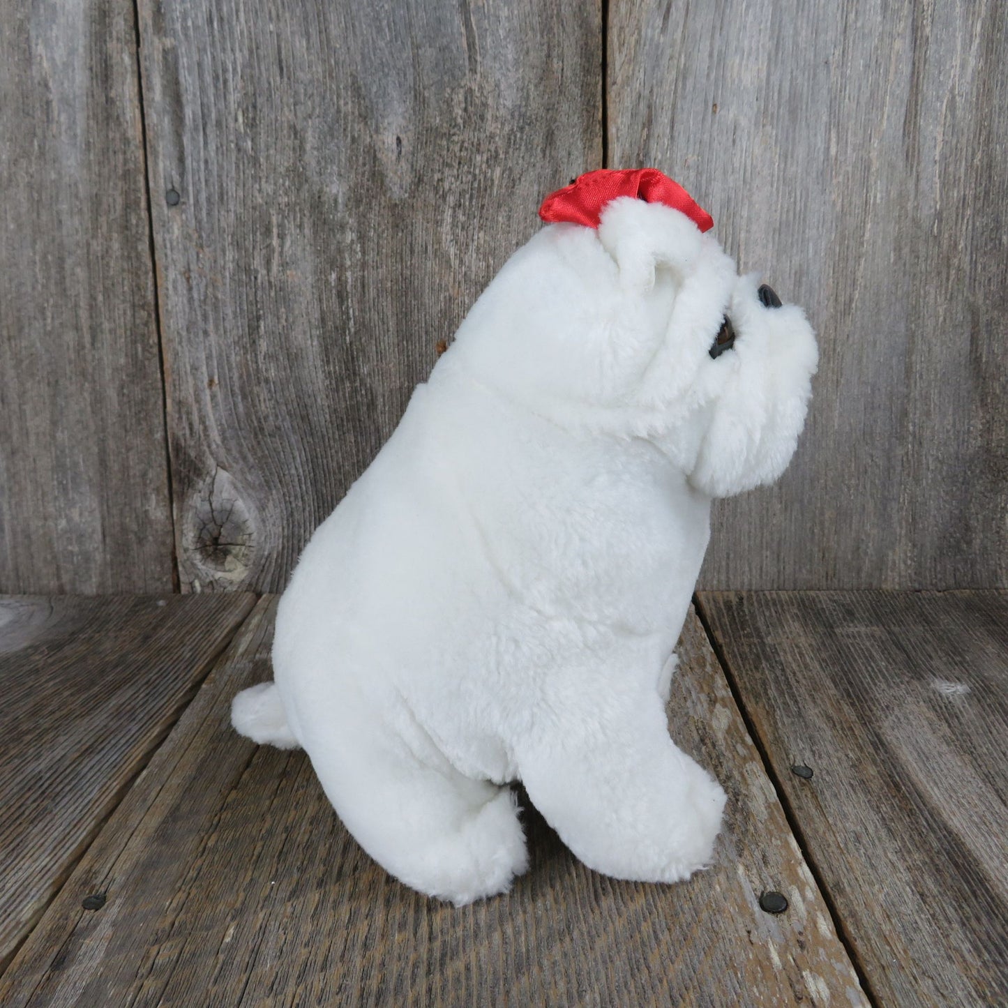Vintage English Bulldog Dog Plush White Red Bow Stuffed Animal Puppy