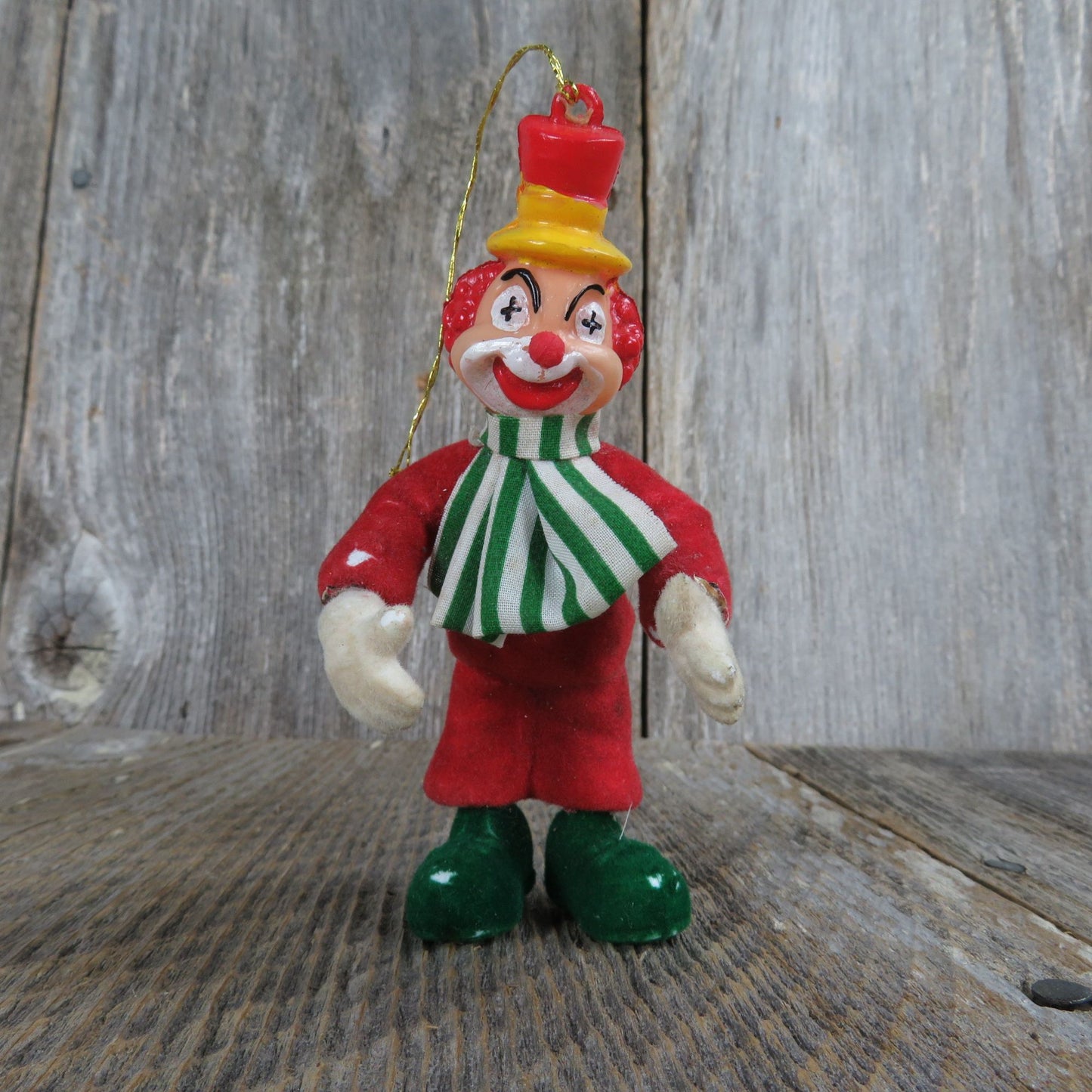 Vintage Flocked Clown Ornament Christmas Red Plastic Green