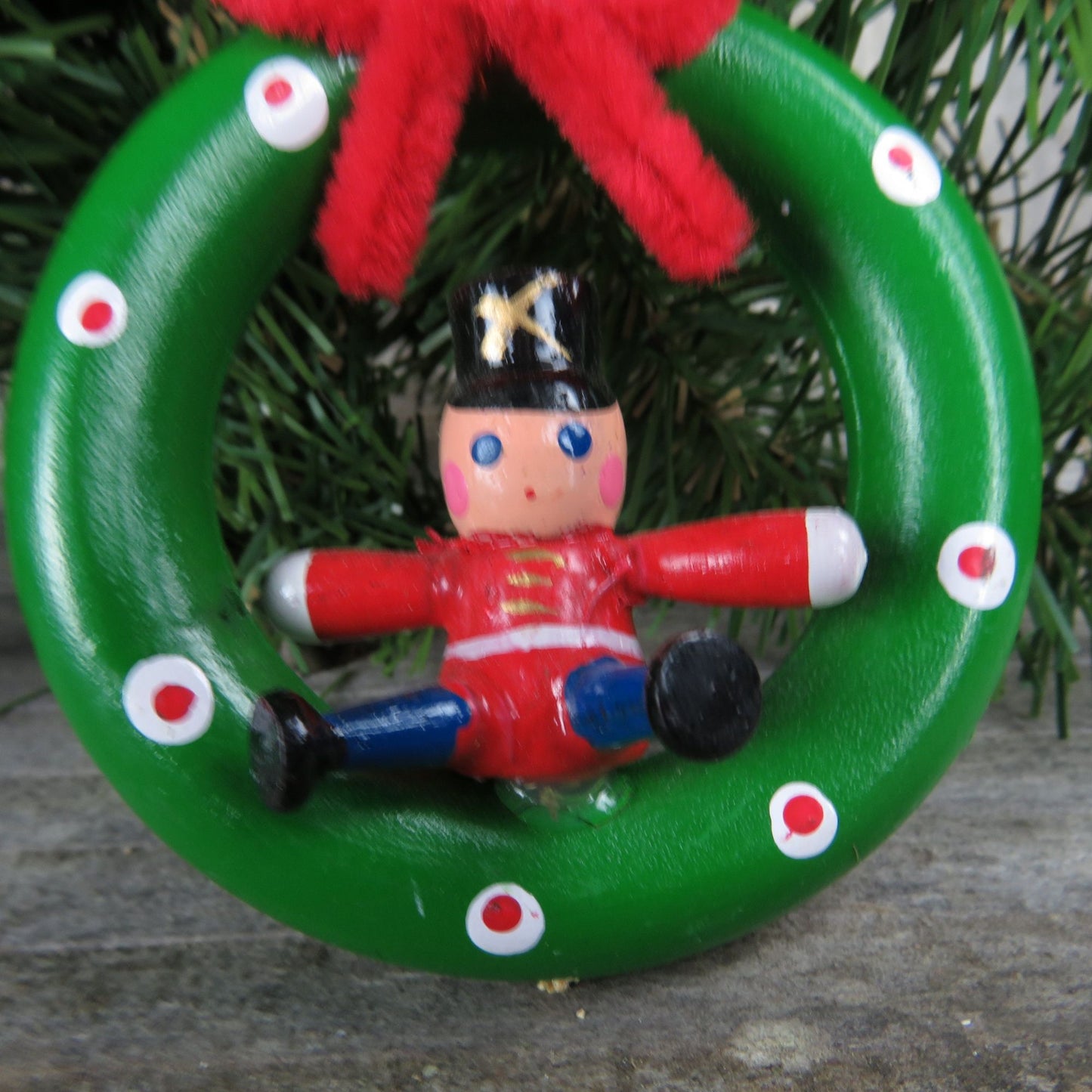 Vintage Wood Toy Soldier Wreath Ornament Pipe Cleaner Bow Wooden Christmas