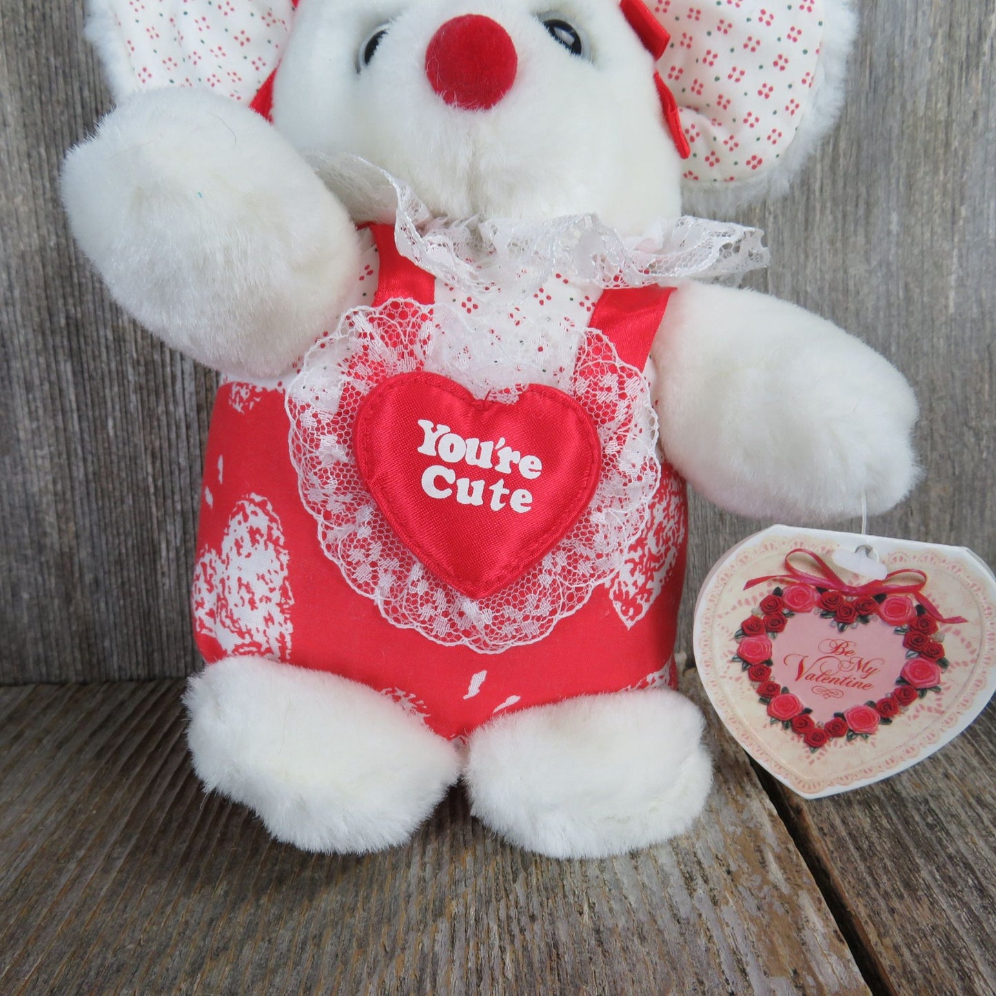 Vintage White Mouse Plush Valentine Dan Dee Red You're Cute Flocked Nose Fabric Body Cloth Easter Stuffed Animal