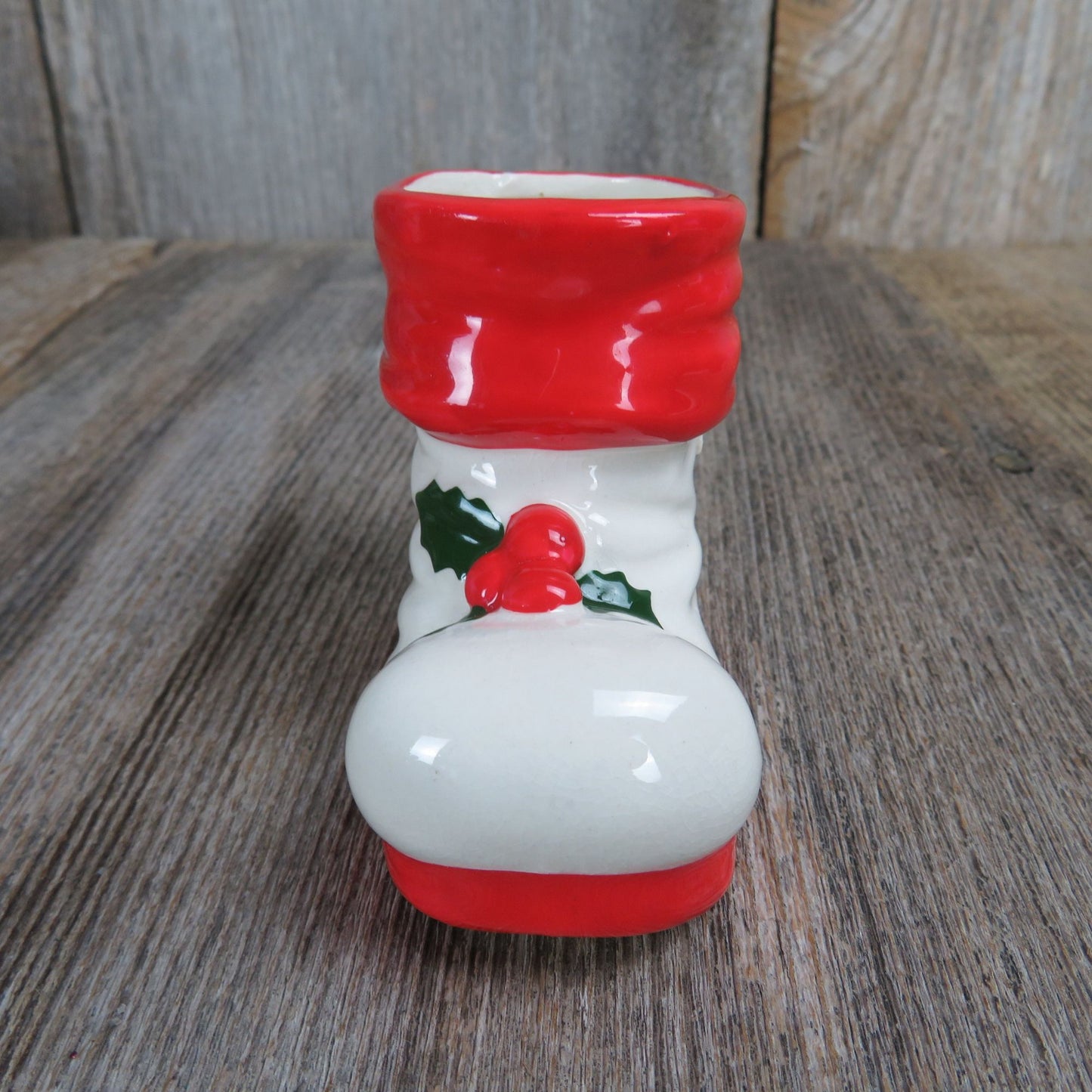 Vintage Holly Berry White Santa Boot Vase Figurine Holt Howard Christmas Dish