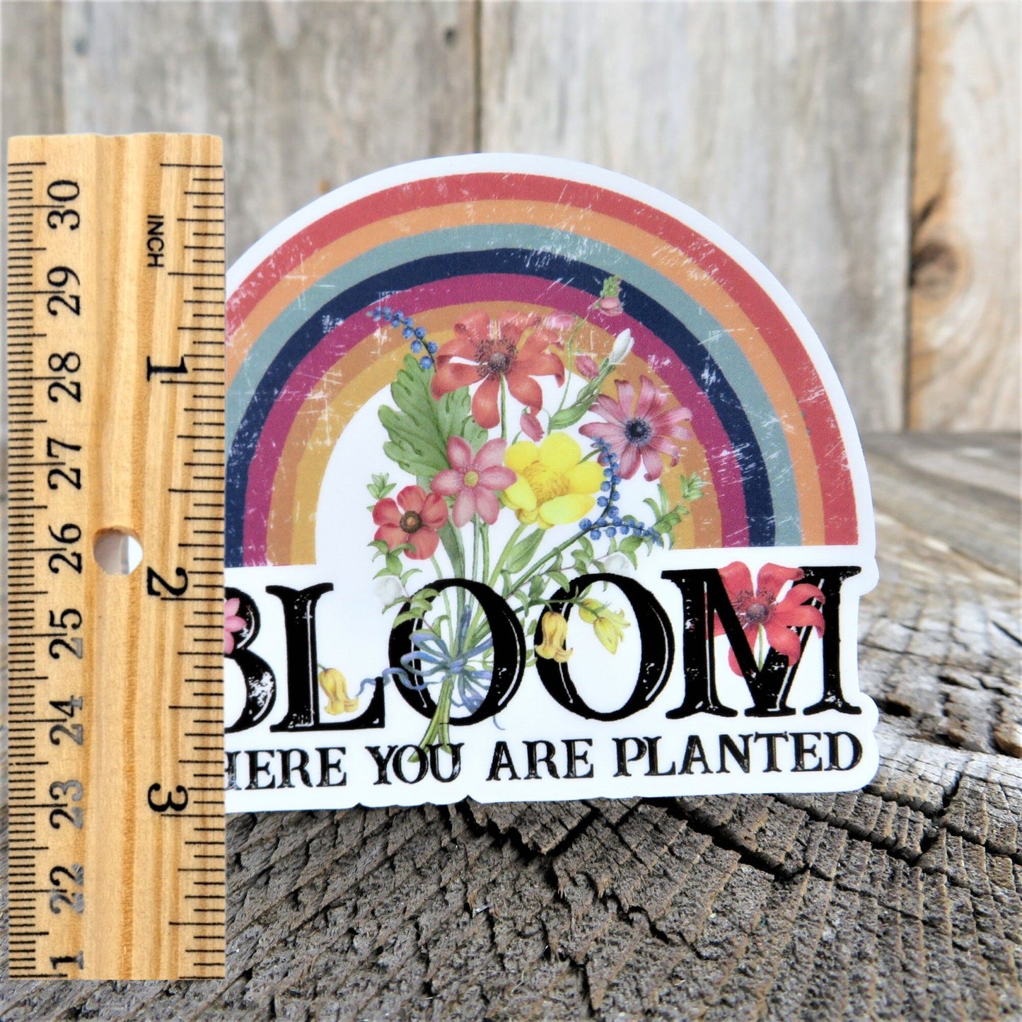 Rainbow Flowers Bloom Where You Are Planted Sticker BoHo Distressed Rustic Decal Full Color Waterproof Gardener Bugs Car Water Bottle Laptop