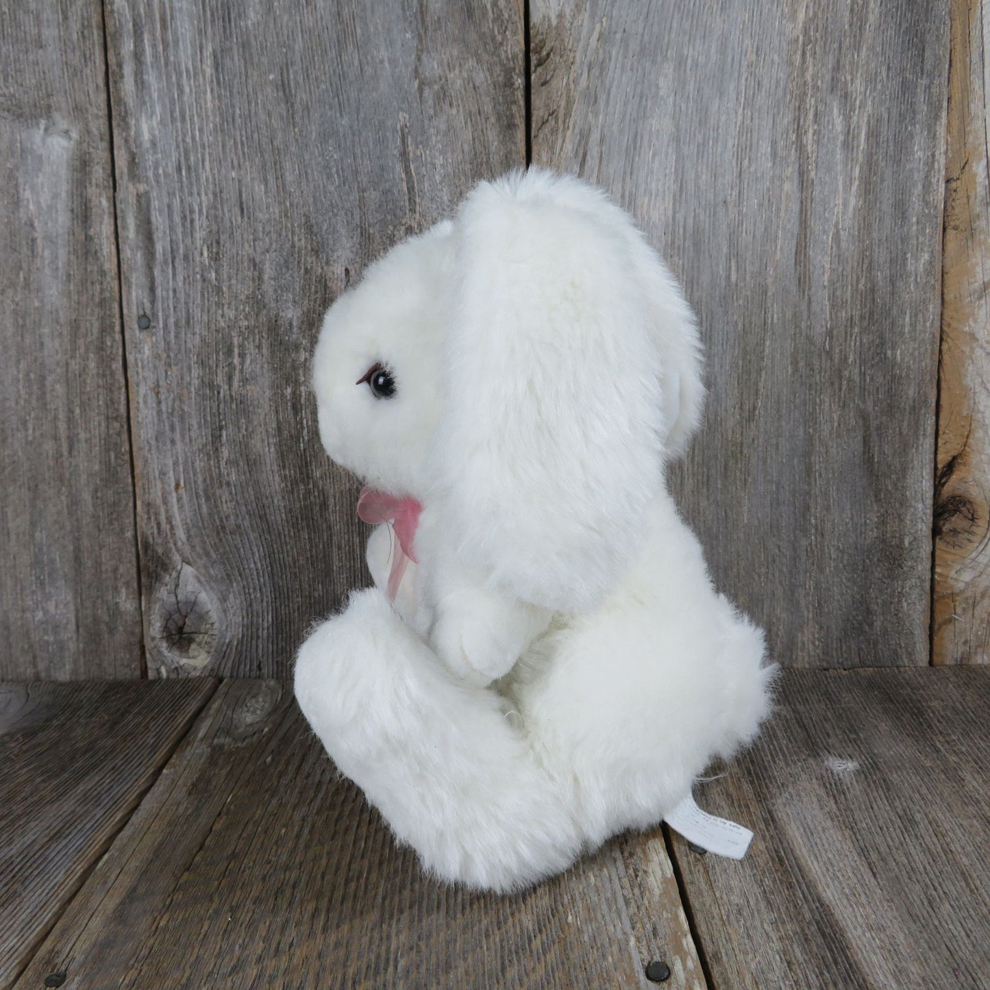 Vintage Bunny Plush White Rabbit Ribbon Pink Flocked Nose Easter Hare Stuffed Animal