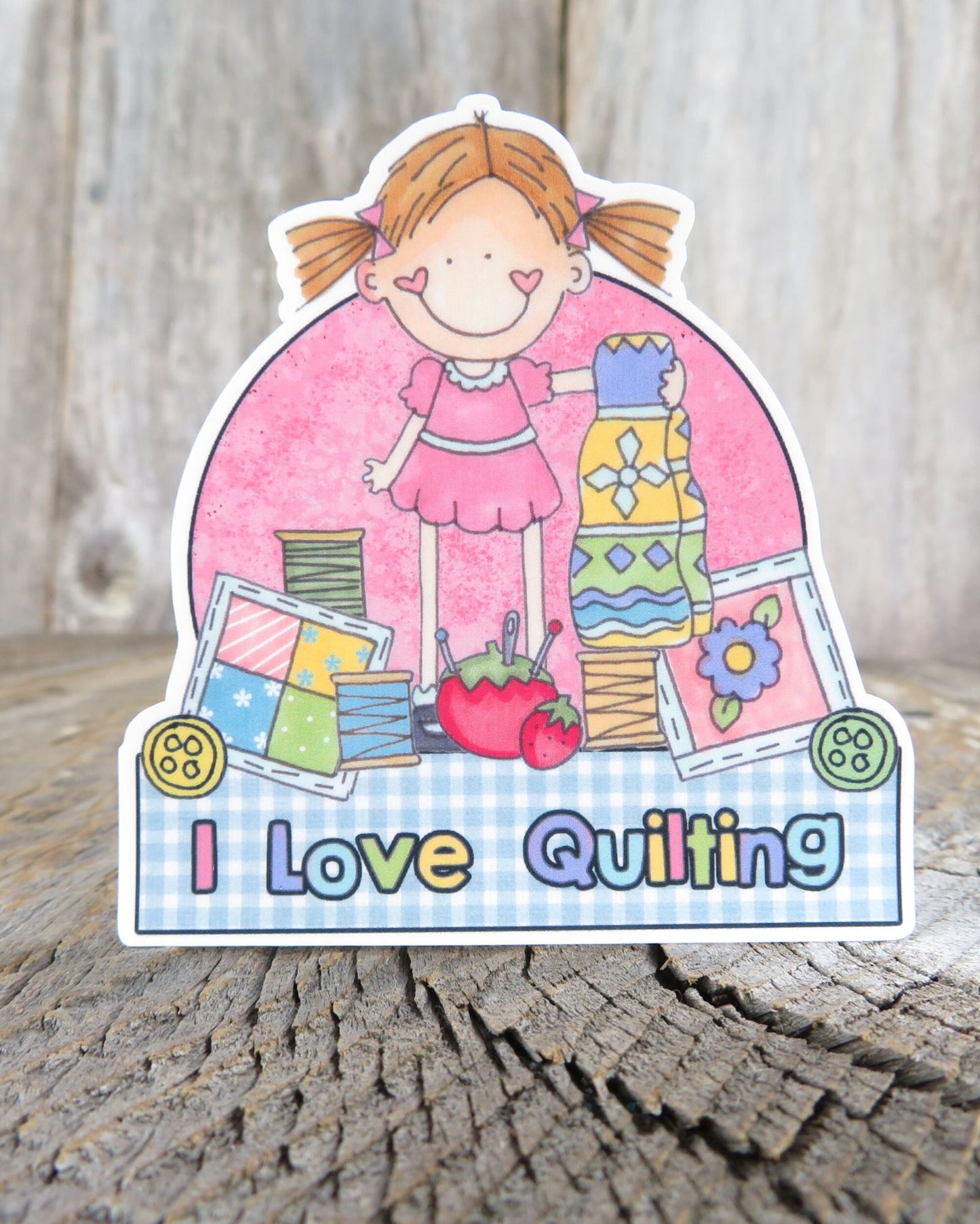I Love Quilting Sticker Waterproof Pink Blue Country Style Gingham Full Color Waterproof Sewing Lady Crafty