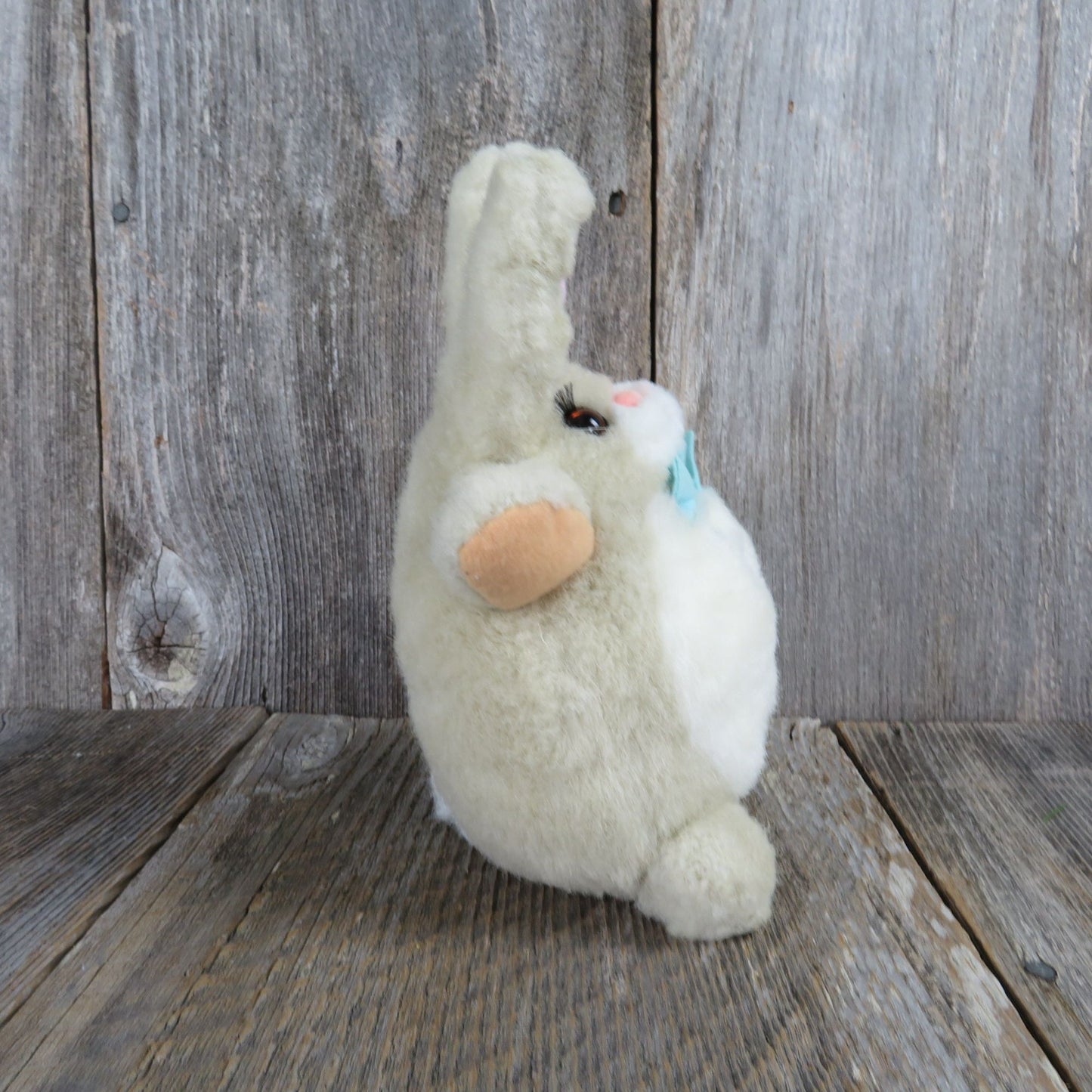 Vintage Rabbit Blue Bow Plush Russ Bumby Tan Brown Easter Bunny Stuffed Animal Eyelashes