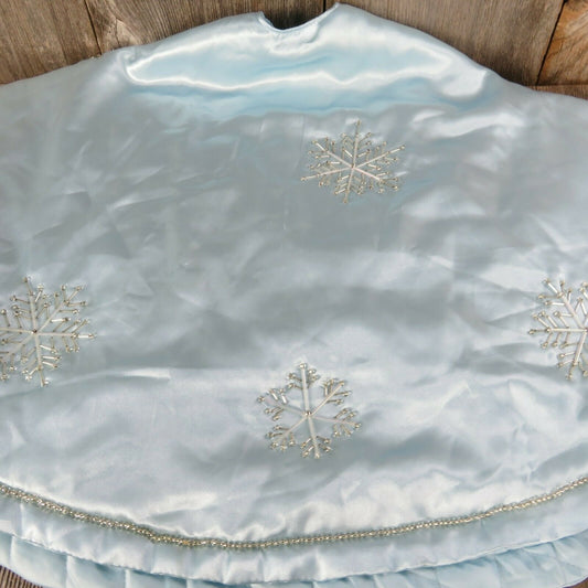 Blue Silver Beaded Christmas Tree Skirt Prima Creations Satin Trim Snowflake