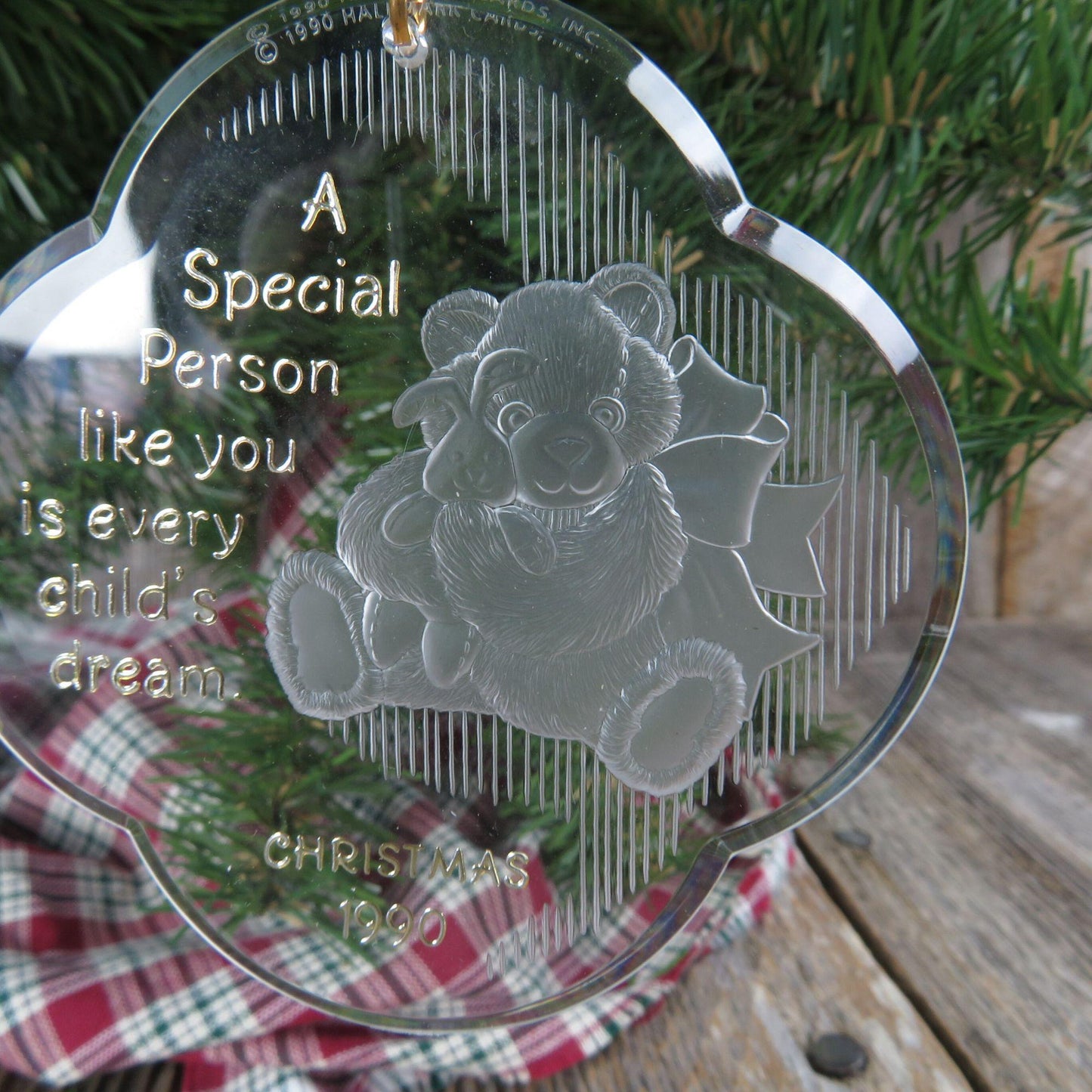 Vintage Clear Teddy Bear Ornament Child Care Giver Acrylic Hallmark 1990 Special Person Christmas