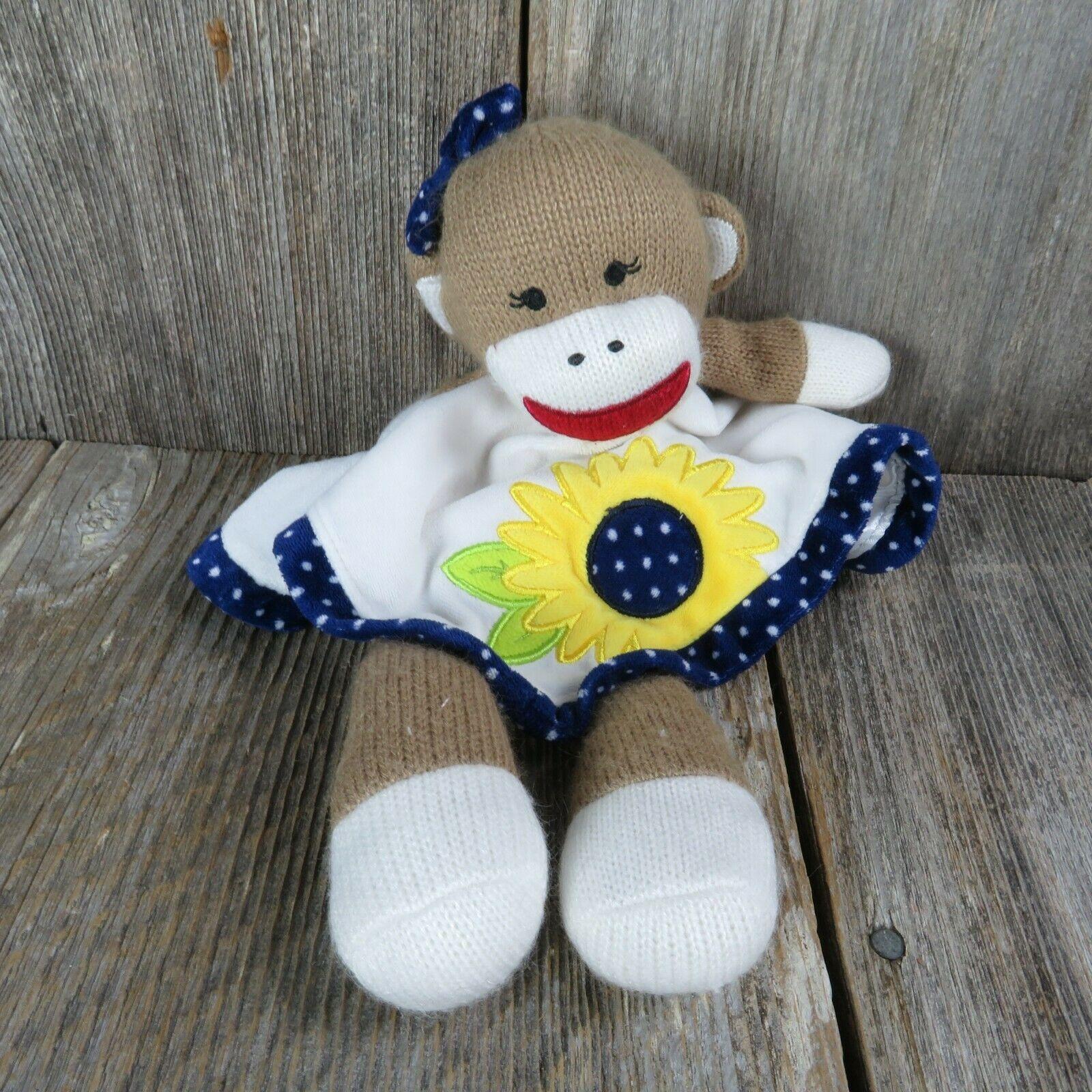 Sock Monkey Sunflower Lovey Security Blanket Plush Lovie Girl Blue