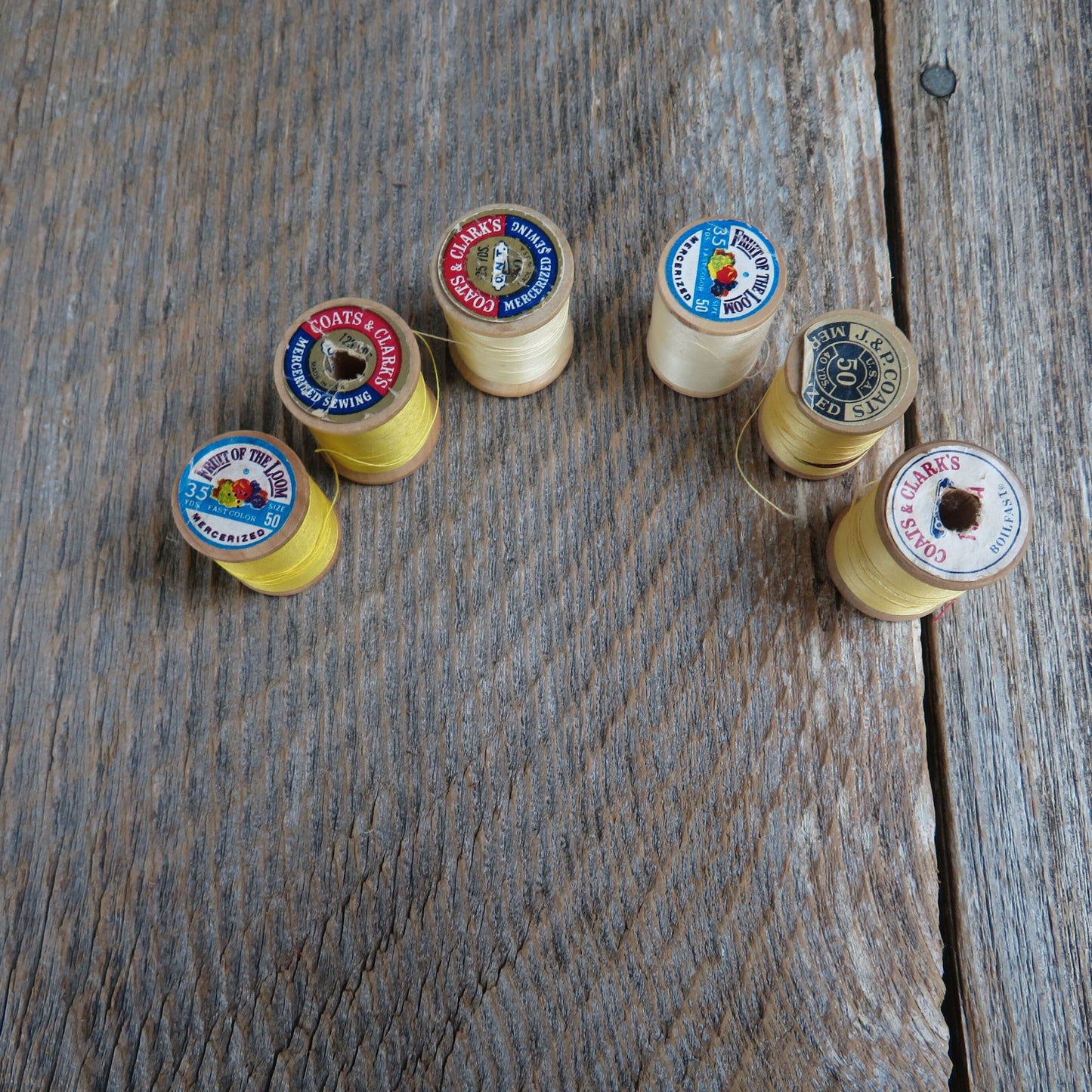 Wooden Spools Yellow Thread Set Fruit of the Loom Coat's and Clark's J&P Coats Boilfast Craft Part Wood