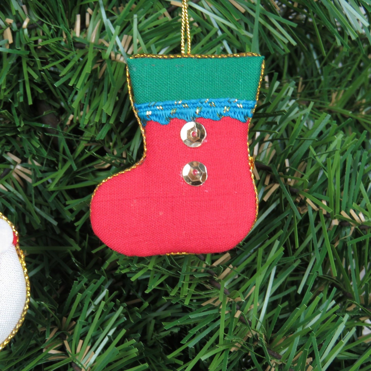 Vintage Santa Stocking Ornament Mini Plush Gold Trimmed Fabric Red Green Christmas