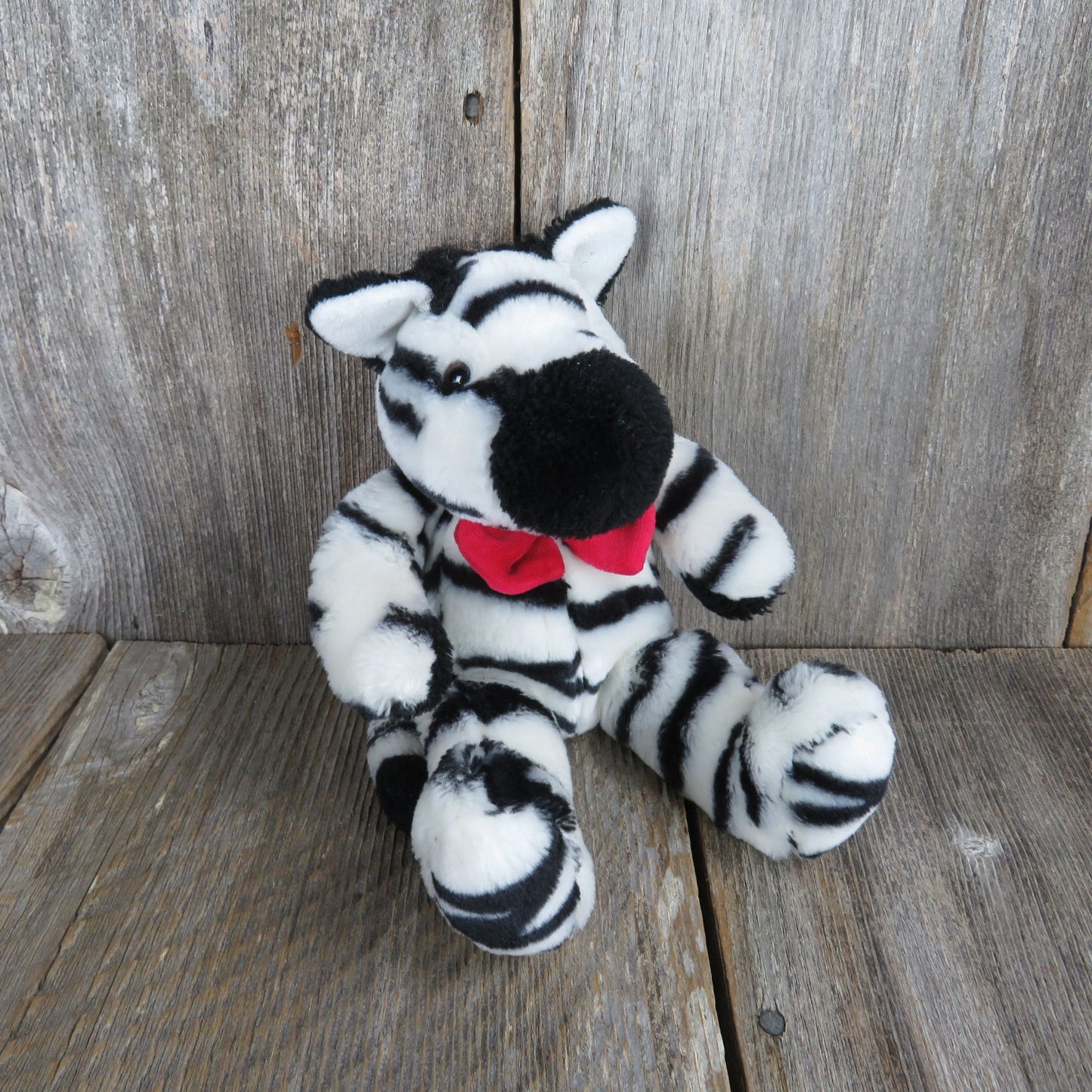 Vintage Zebra with Red Bowtie Plush Sitting PBC International Stuffed Animal Black and White