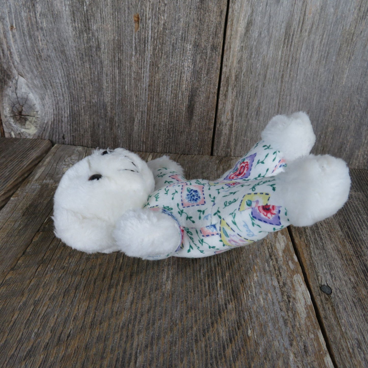 Vintage Mini Bear Plush White with Floral Fabric Body Blue Pink Flowers Stuffed Animal