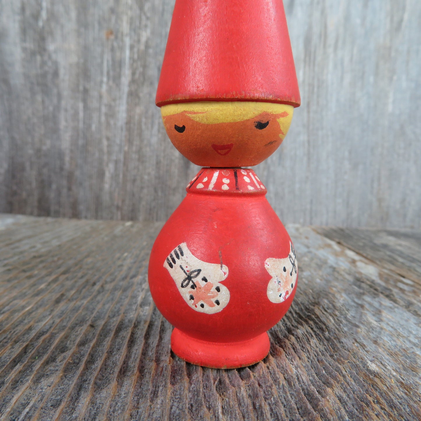 Vintage Wooden Gnome Figurine Christmas Mrs Claus Elf Oven Mitts Pointed Hat