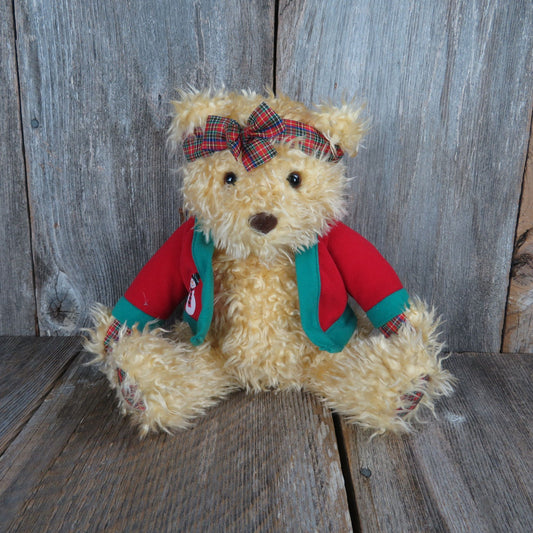 Vintage Teddy Bear Plush Red Sweater Hallmark Plaid Bow Curly Hair Stuffed Animal Christmas Holiday