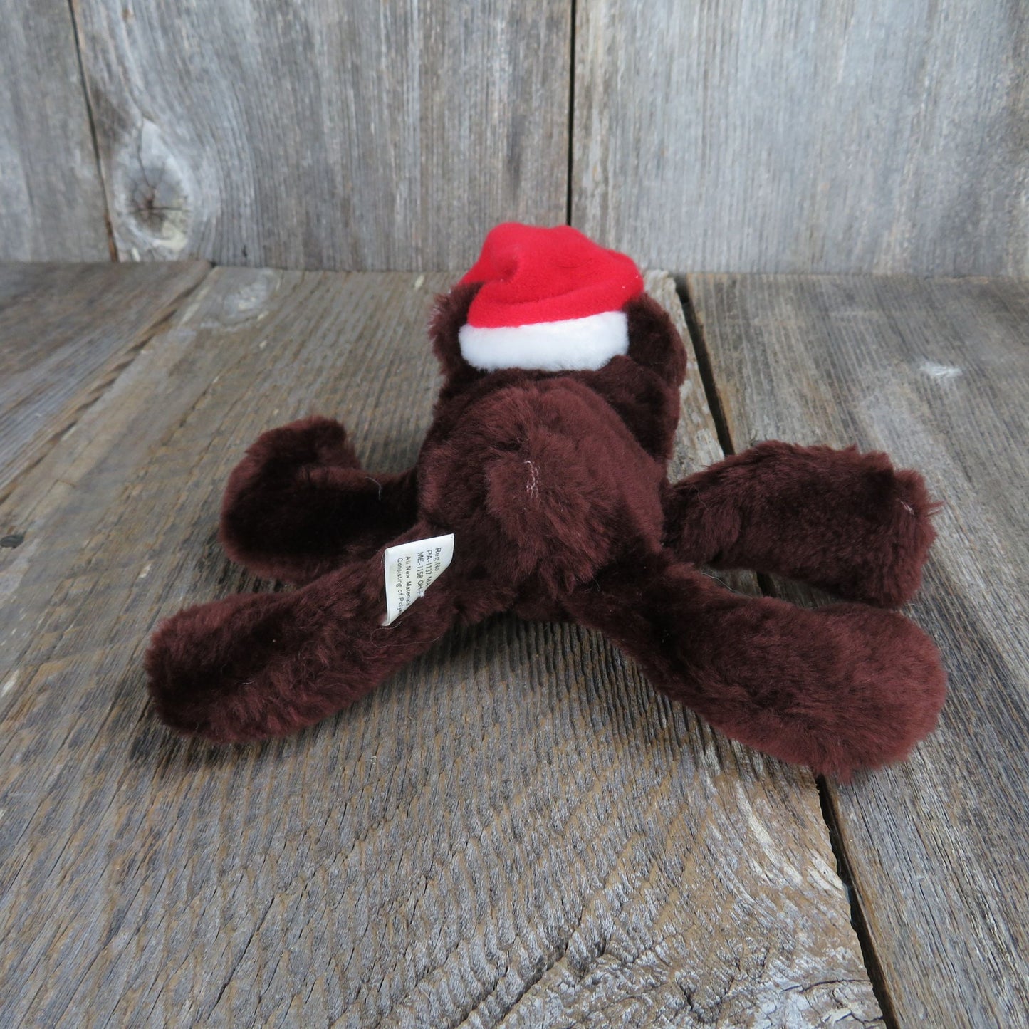 Vintage Floppy Bear Plush Chestnut Brown Santa Hat Gibson Greetings 1986 Laying Christmas