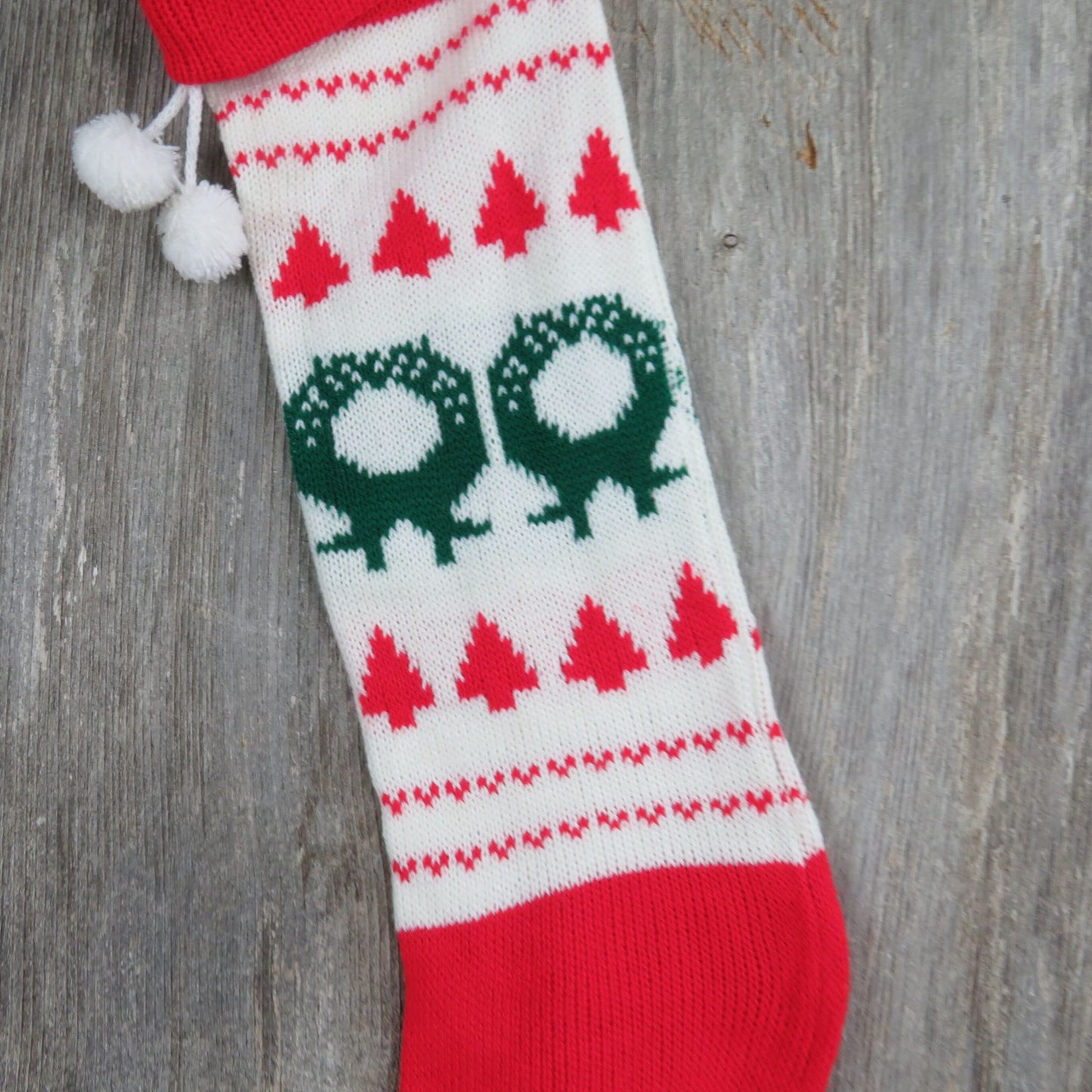 Vintage Wreath Design Knit Stocking Tree Knitted White Green Red Christmas Pom Pom