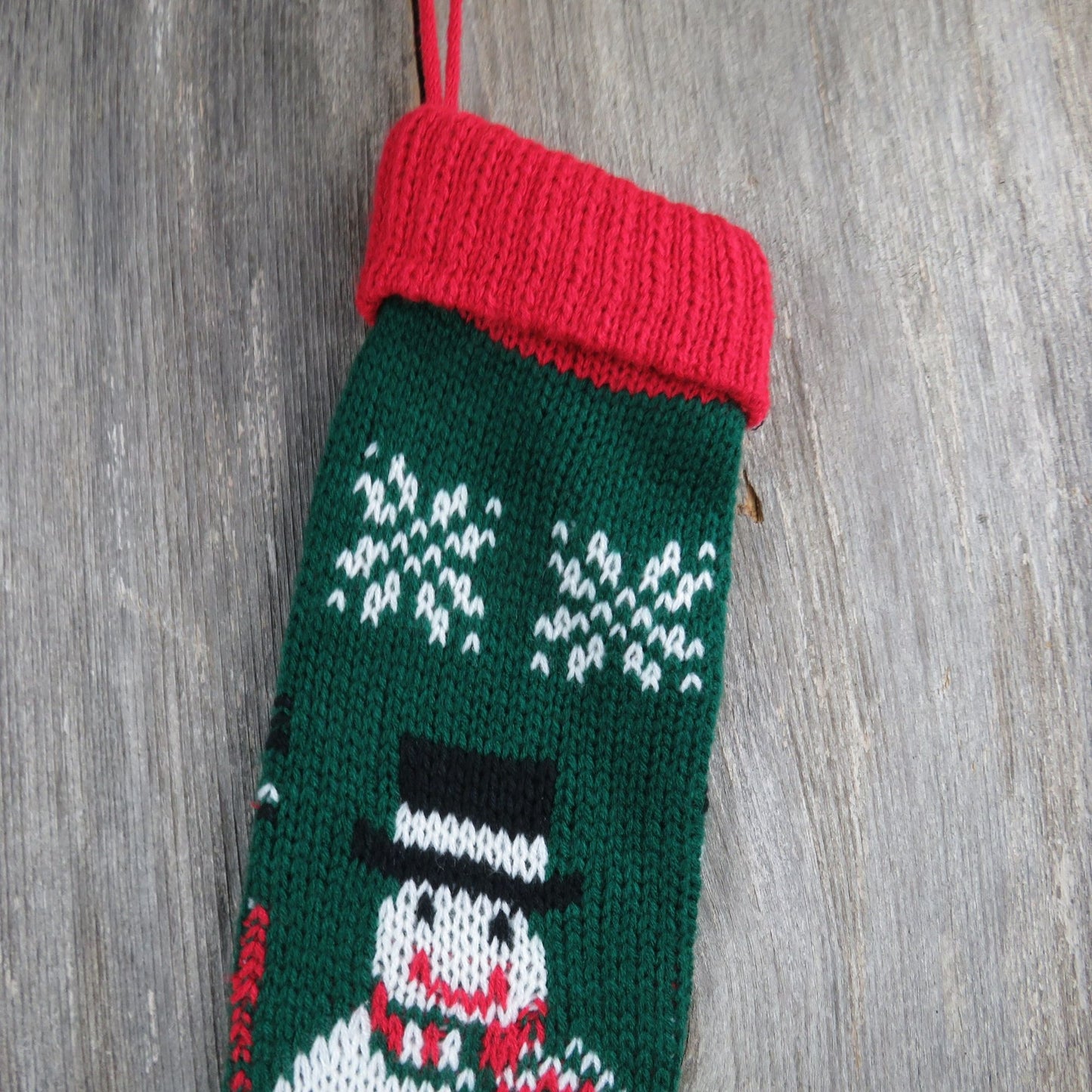 Vintage Chunky Knit Snowman Stocking Christmas Green Red Hearts