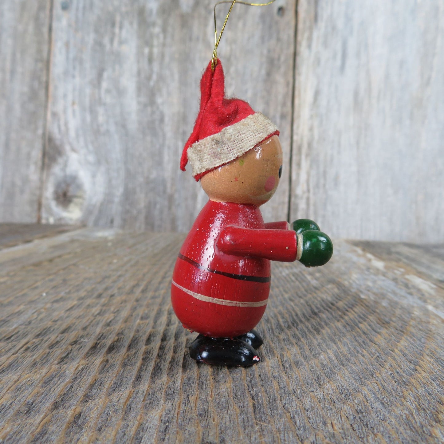 Vintage Wood Santa Ornament Wooden Felt Hat Christmas Red