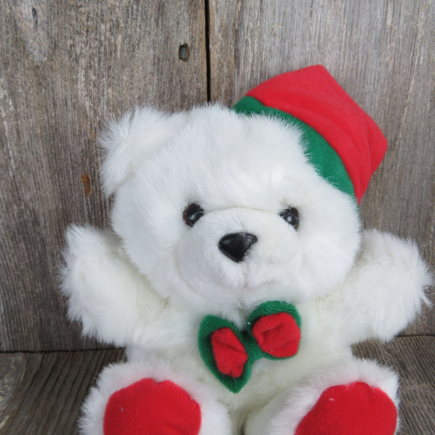 Vintage White Bear Plush Red Hat Paws and Bowtie Black Nose Christmas Sasco Inc