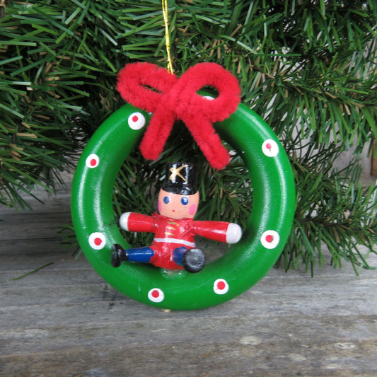 Vintage Wood Toy Soldier Wreath Ornament Pipe Cleaner Bow Wooden Christmas