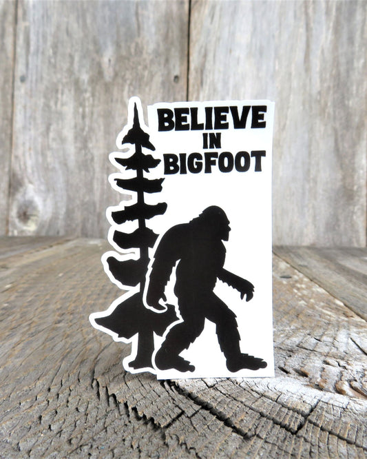 Believe in Bigfoot Sticker Black White Tall Tree Outdoors Waterproof Water Bottle Laptop Sticker
