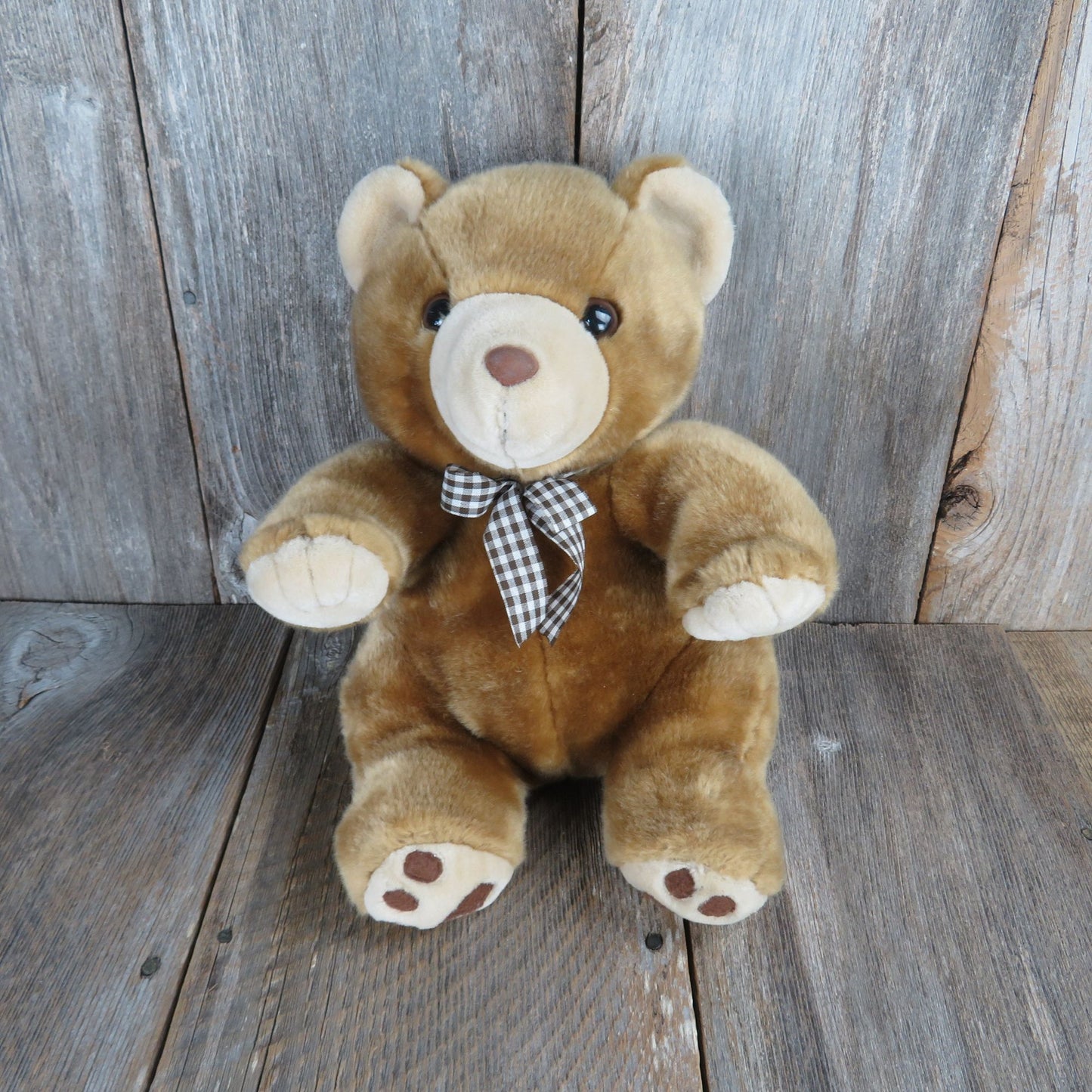 Teddy Bear Plush Stuffed Animal Flocked Nose Plaid Gingham Bow Vintage