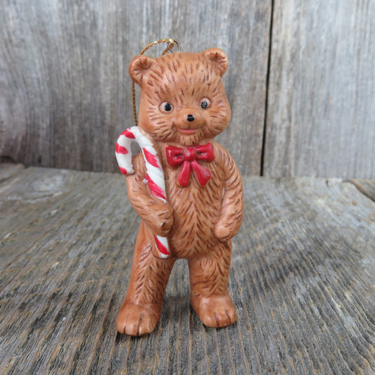 Vintage Teddy Bear Candy Cane Ornament Ceramic Standing Christmas Bisque Taiwan