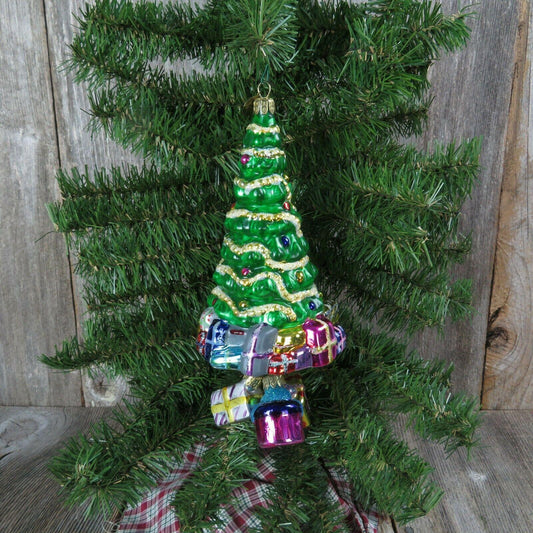 Christmas Tree Shaped Glass Ornament Green Glitter Gift Packages Attached Paint