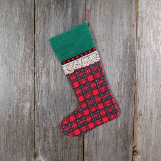 Vintage Plaid Christmas Stocking Fabric Lace Corduroy Red and Green