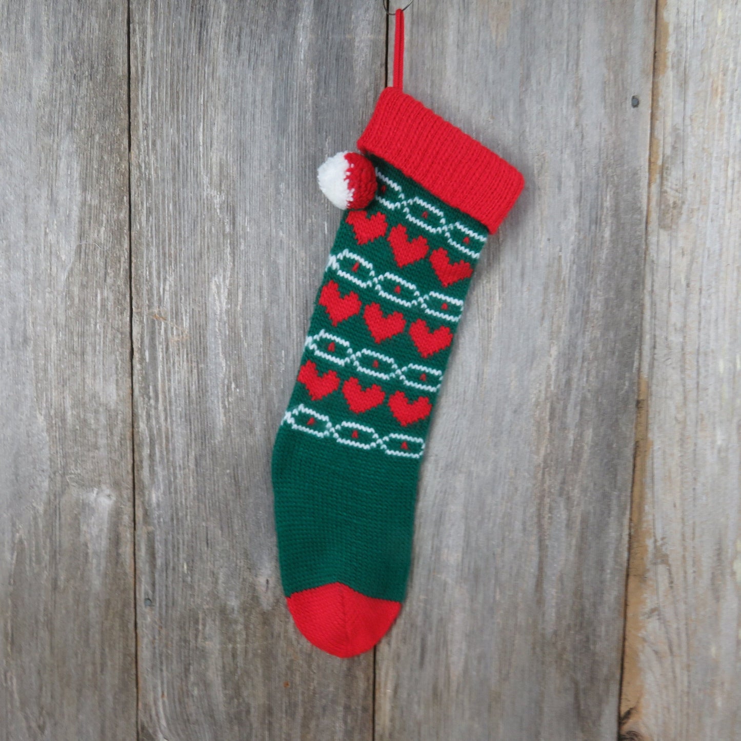 Vintage Heart Print Knit Stocking Christmas Knitted Chunky Red Green Pom Pom