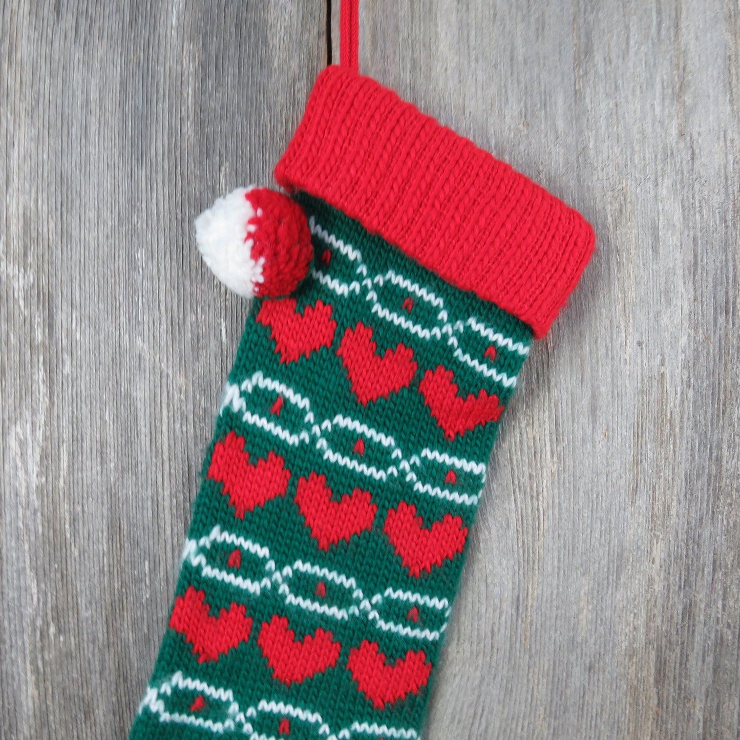 Vintage Heart Print Knit Stocking Christmas Knitted Chunky Red Green Pom Pom