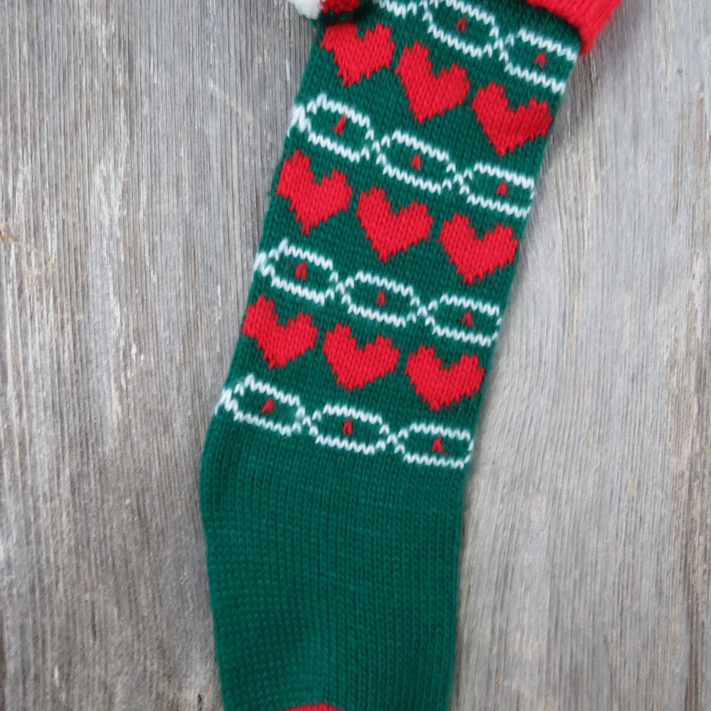 Vintage Heart Print Knit Stocking Christmas Knitted Chunky Red Green Pom Pom