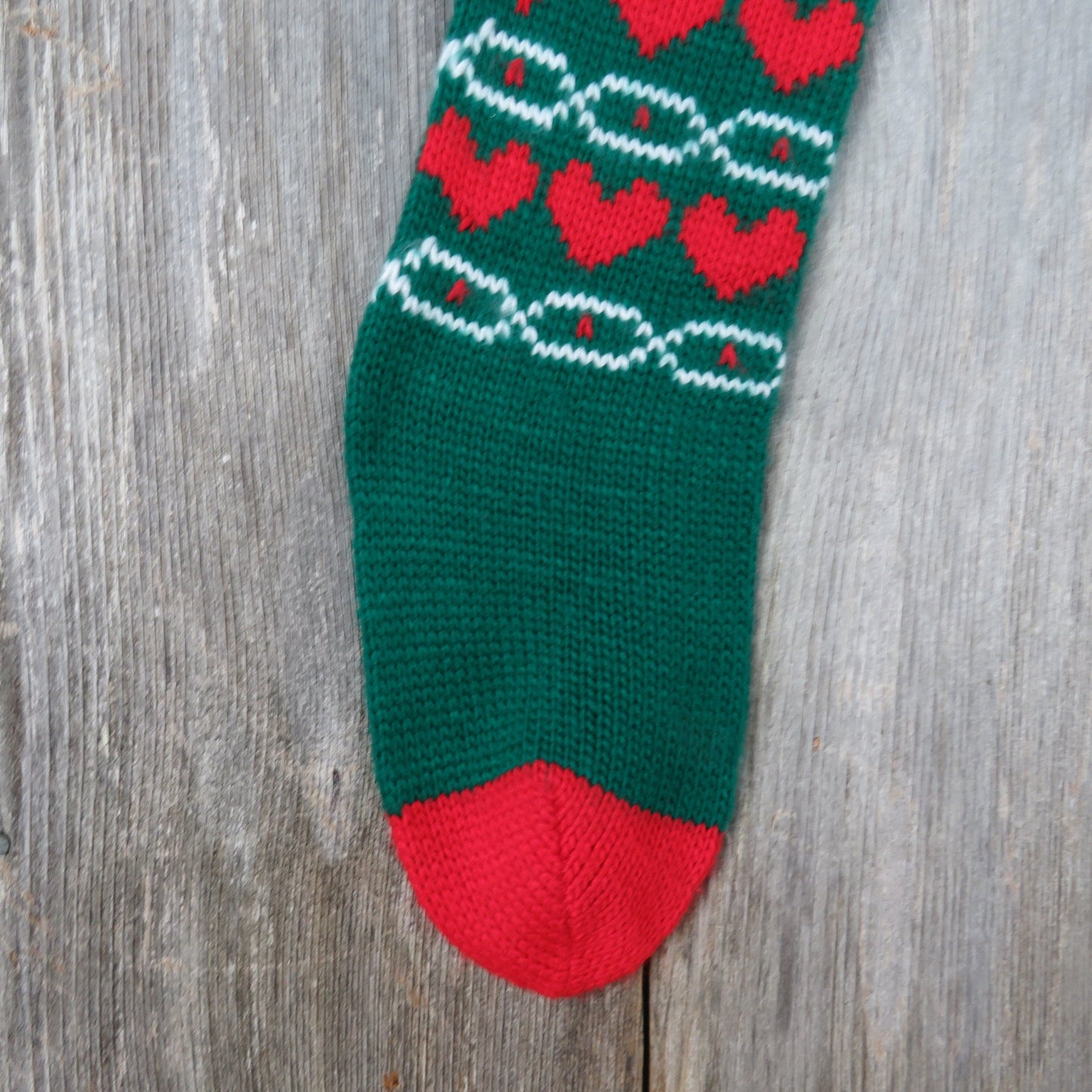 Vintage Heart Print Knit Stocking Christmas Knitted Chunky Red Green Pom Pom