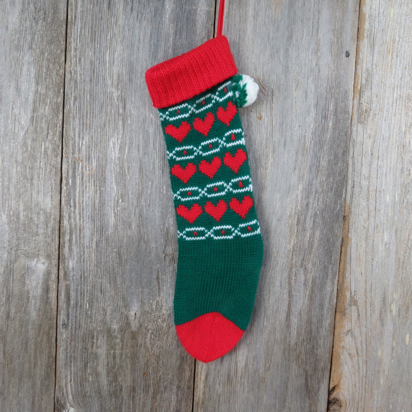 Vintage Heart Print Knit Stocking Christmas Knitted Chunky Red Green Pom Pom